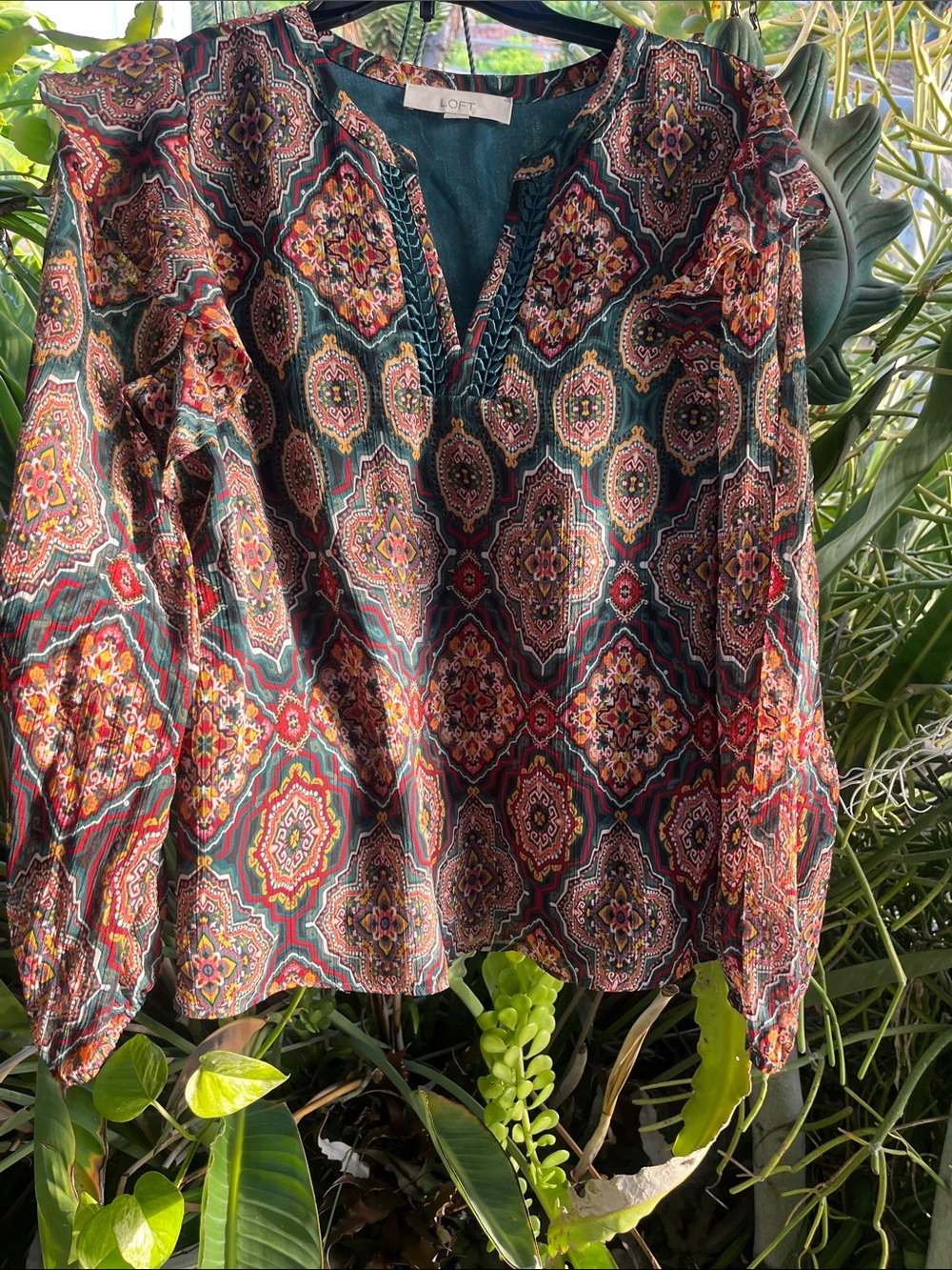 LOFT Teal Multicolor Medallion Print Long-Sleeve Blouse